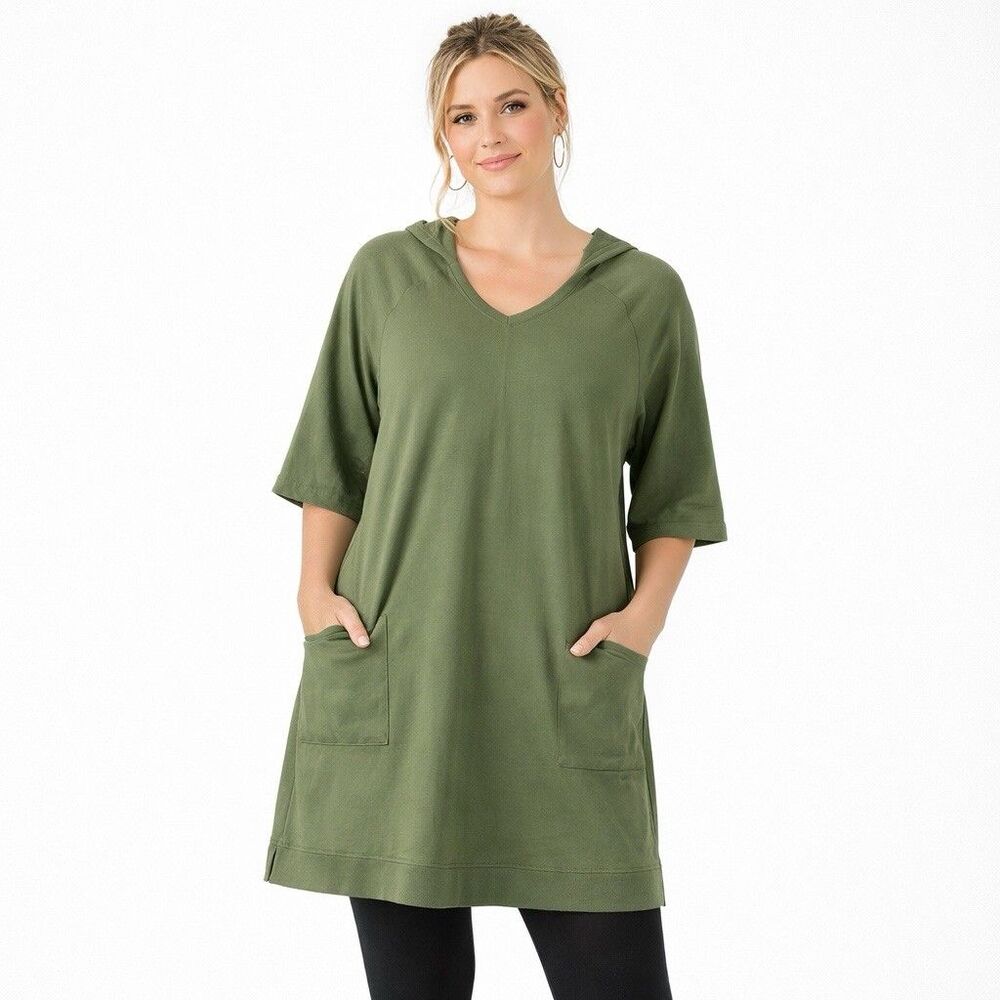 J Jill Fit Womens Medium Tunic Dress Hoodie V Neck Olive Green Wide 3/4 Sleeve